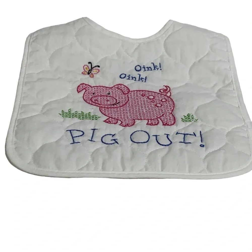 Oink Oink PIG OUT Handcrafted Cross Stitch Pink Pig’s Expression Above White Bib
